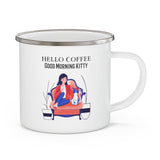 Hello Coffee Good Morning Kitty Enamel Camping Mug, Cat Mug., Coffee Mug