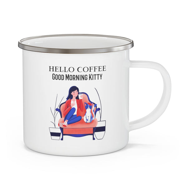 Hello Coffee Good Morning Kitty Enamel Camping Mug, Cat Mug., Coffee Mug