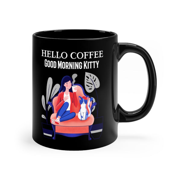 Hello Coffee Good Morning Kitty Black mug, Coffee Mug